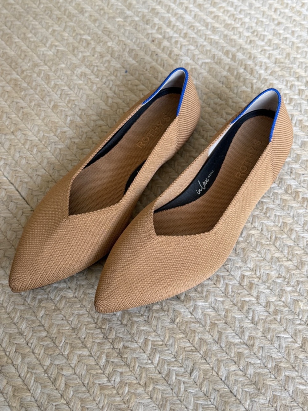 Rothy's Pointed Knit Flat in Camel with Blue Trim